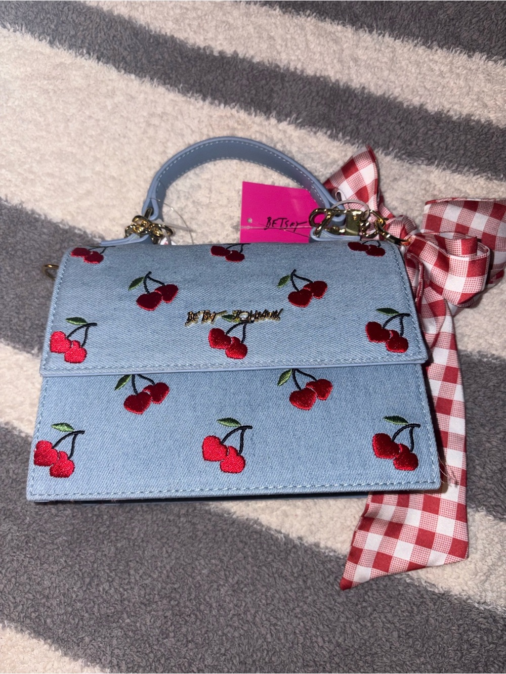 Betsey Johnson Light Blue Cherry Embroidered Crossbody Bag with Red Accents
